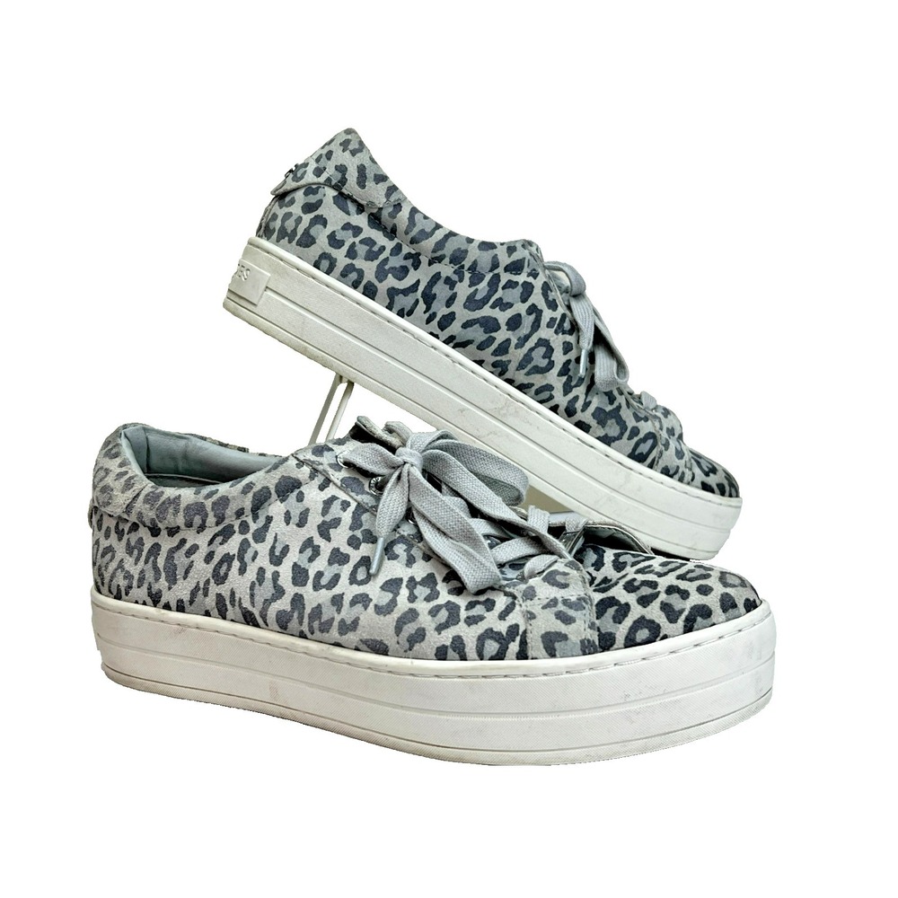 J/Slides Low Top Sneaker Gray Leather Leopard Print White Rubber Sole SZ 10